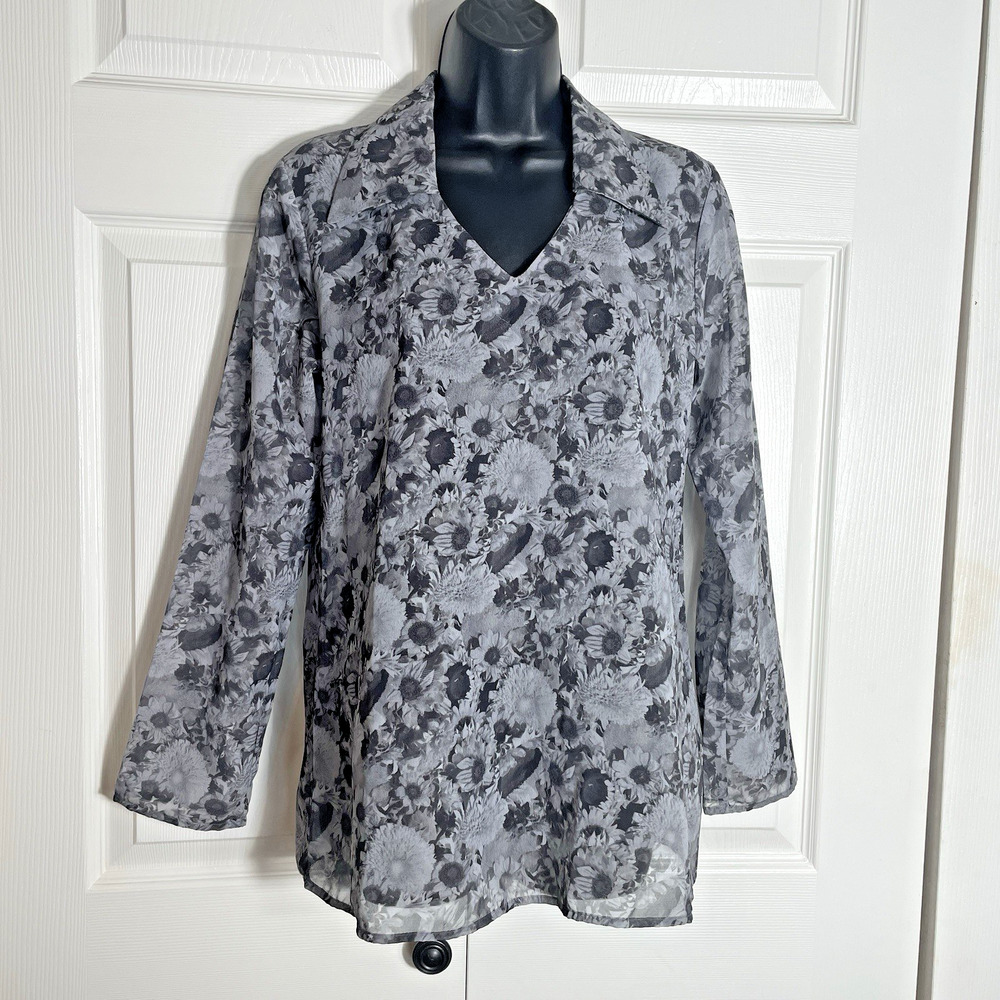 Vintage CLE Paris 70s Shirt Women S Gray Floral Daisies‎ Dagger Collar Pullover